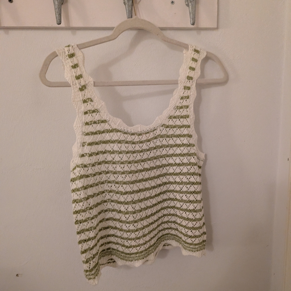 Hem And Thread Striped Green and White Crochet Tank Top